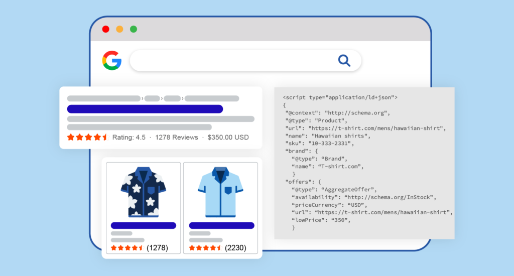 Google Rich Results Test showing valid Product schema markup with rating and price rich snippets